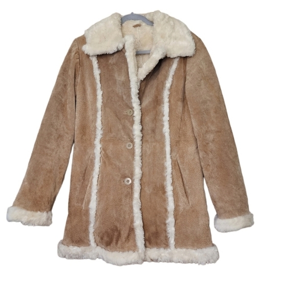 Wilsons Genuine Leather Suede Sherpa Long Jacket Coat Light Brown Tan Vintage 70 - Picture 1 of 14